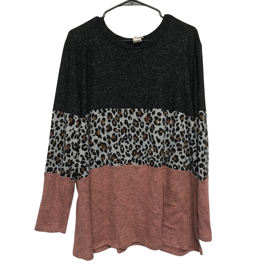 P & Rose Tunic Womens 1XL Long Sleeve Top Animal Print Taupe Dark Gray EUC